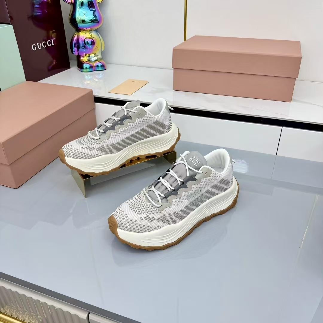 Miu Miu Technical Fabric Platform Sneakers in White & Light Grey