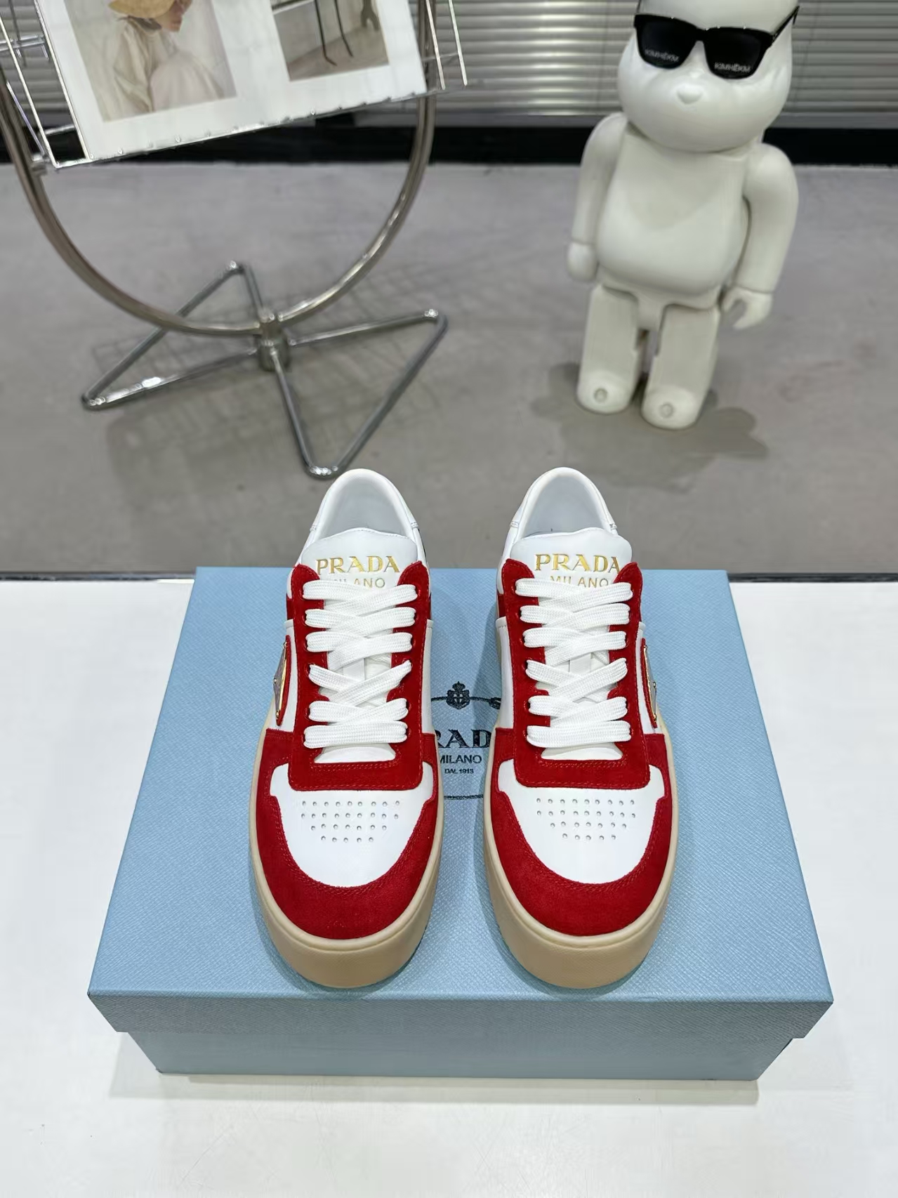 Prada Downtown Bold White/Red Nappa Leather & Suede Sneakers - Chunky 50mm Geometric Sole