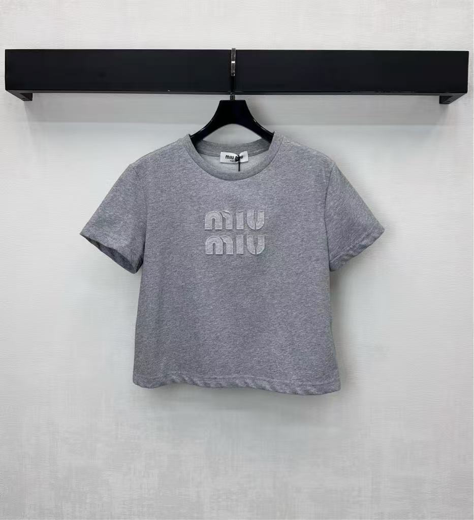 MiuMiu Gray Short-Sleeve T-Shirt in Plain Knit Cotton
