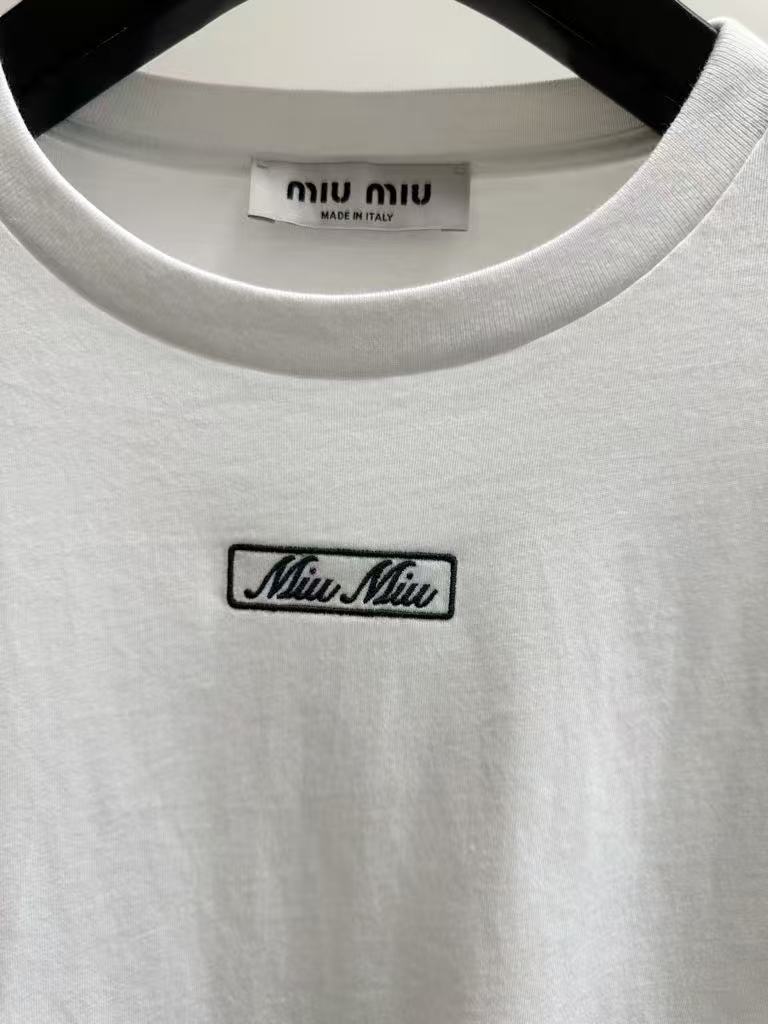 MIUMIU Embroidered Plain Knit Cotton White T-Shirt