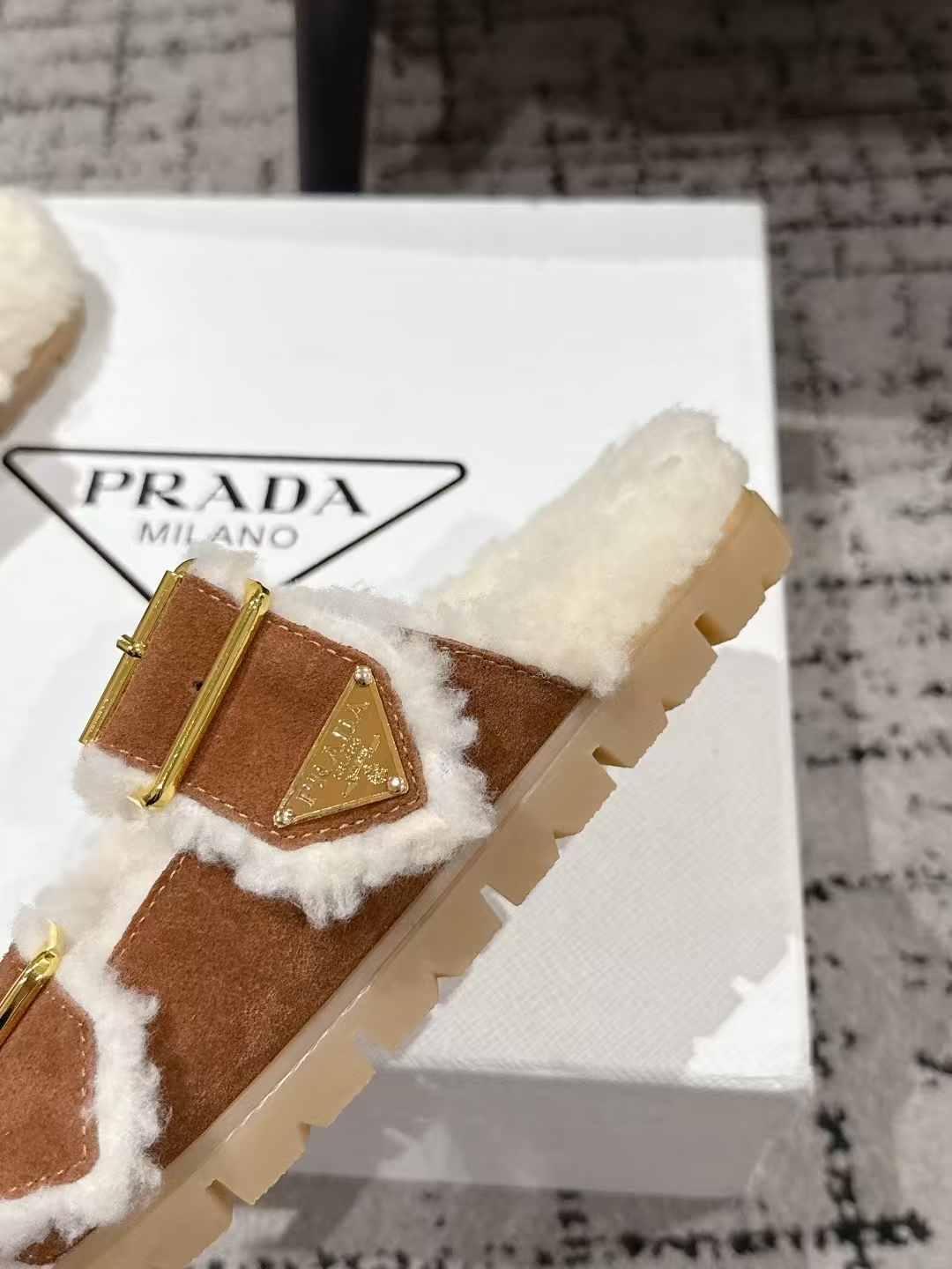 Prada Cocoa Brown Suede & Shearling Slippers - 20mm Lug Sole & Enamel Buckle