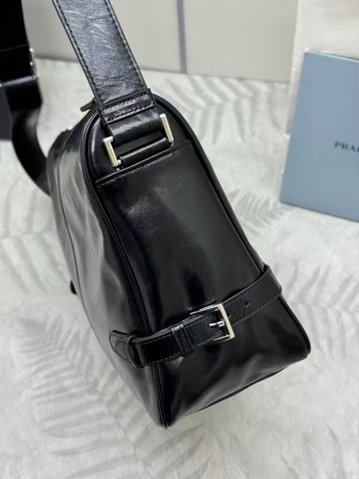 Prada Black Leather Shoulder Bag | Glossy Finish & Adjustable Strap