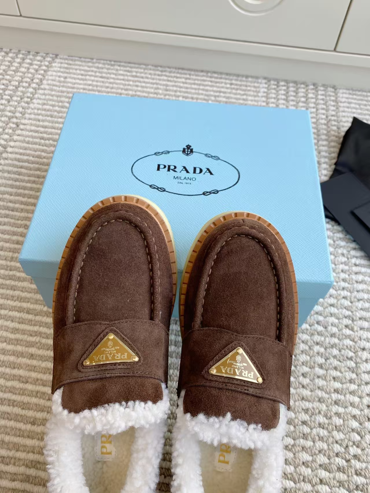 Prada Cocoa Brown Suede Loafers with Shearling Lining & Rubber Lug Sole