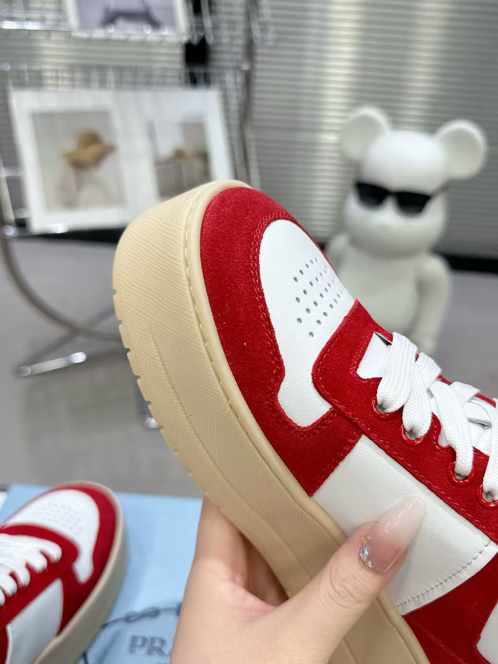 Prada Downtown Bold White/Red Nappa Leather & Suede Sneakers - Chunky 50mm Geometric Sole