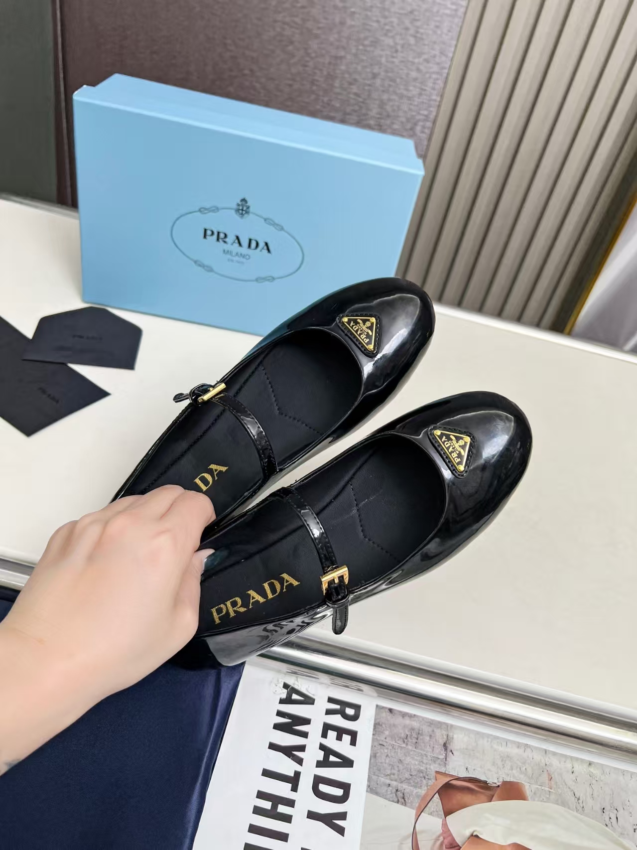 Prada Black Naplak Patent Leather Ballet Flats with Enamel Triangle Logo