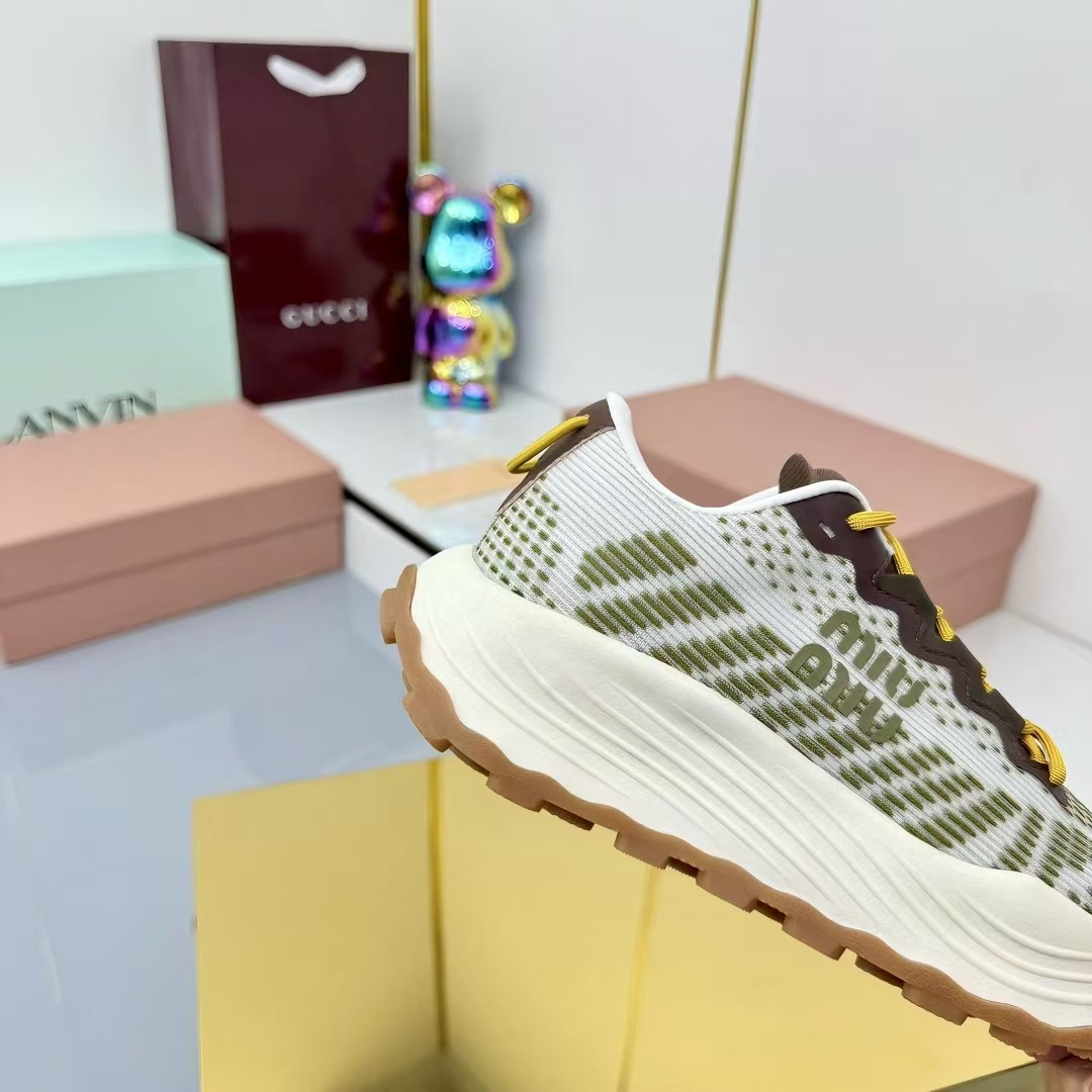 Miu Miu Technical Fabric Platform Sneakers in White & Light Brown