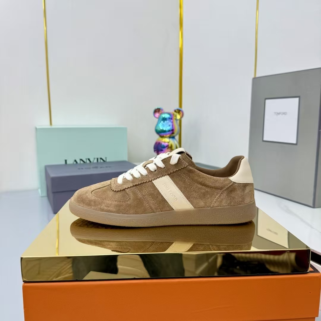 Tom Ford Lambskin Leather Sneakers in Light Brown & Off-White