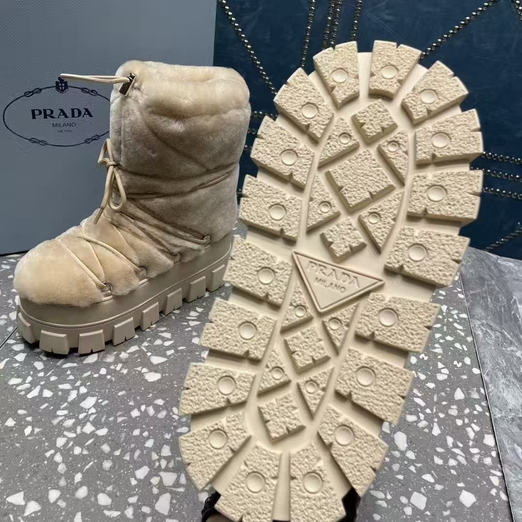 Prada Beige Shearling Snow Party Ankle Boots - Removable Fleece Lining & 4cm Foam Sole