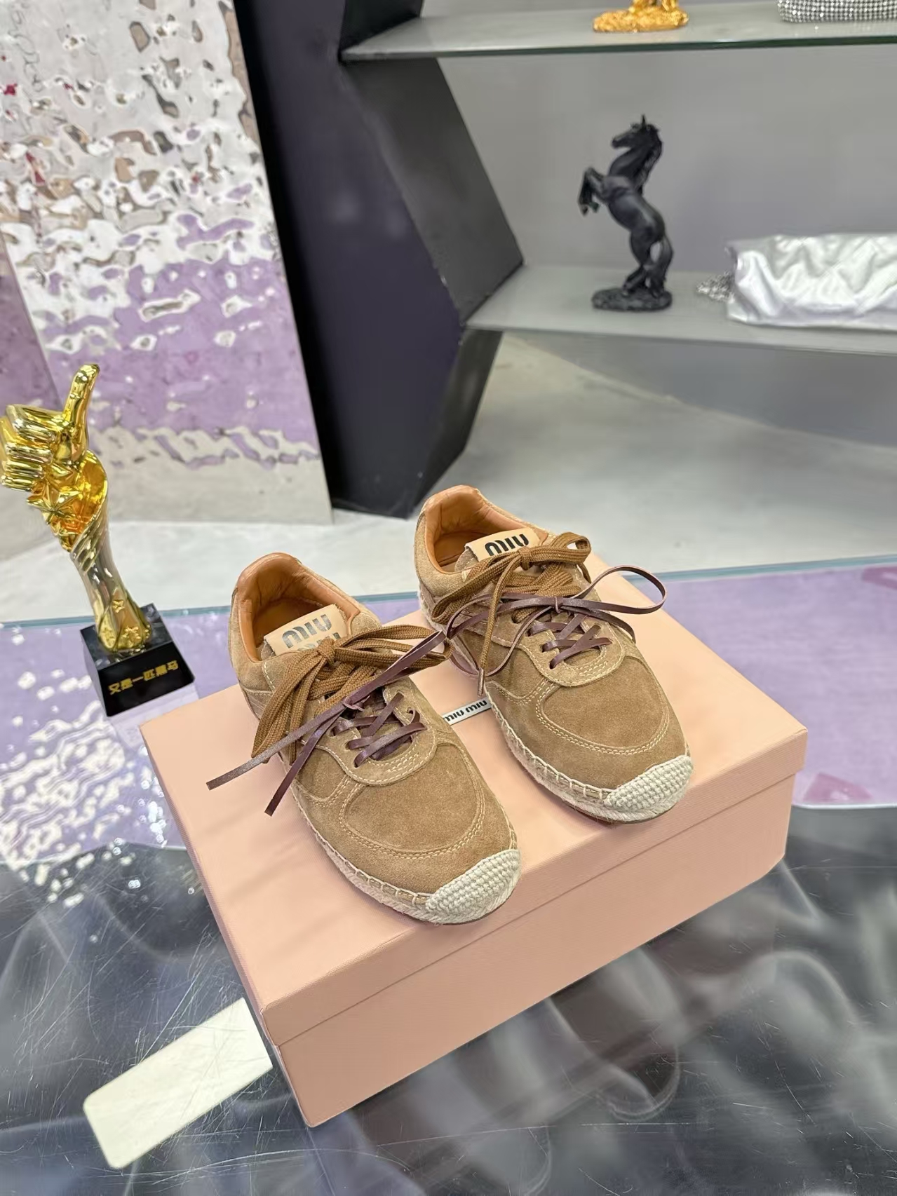 Miu Miu Round-Toe Suede Flats in Khaki | Lightweight & Comfortable