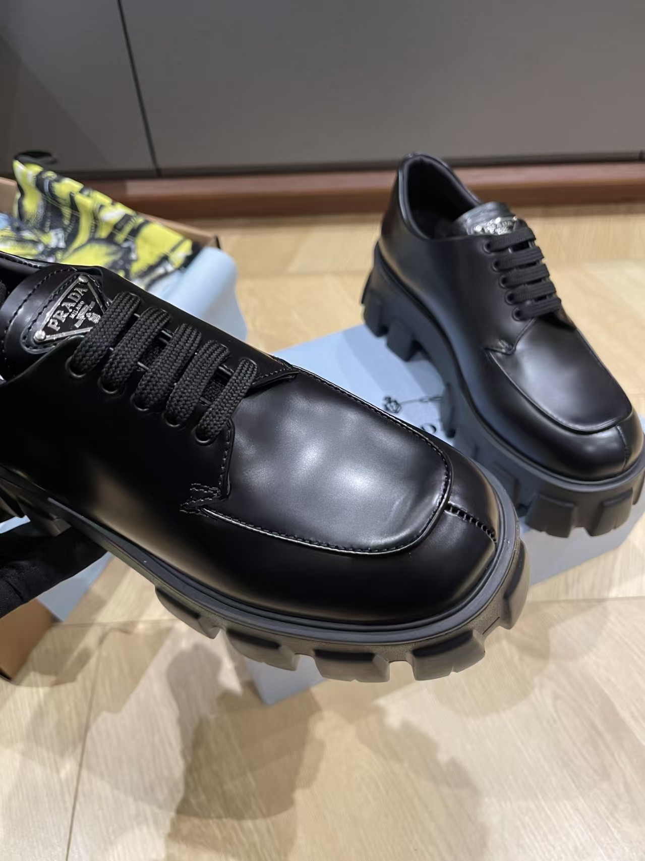 Prada Black Monolith Shiny Leather Lace-Up Shoes - 55mm Lug Sole & Enamel Eyelets