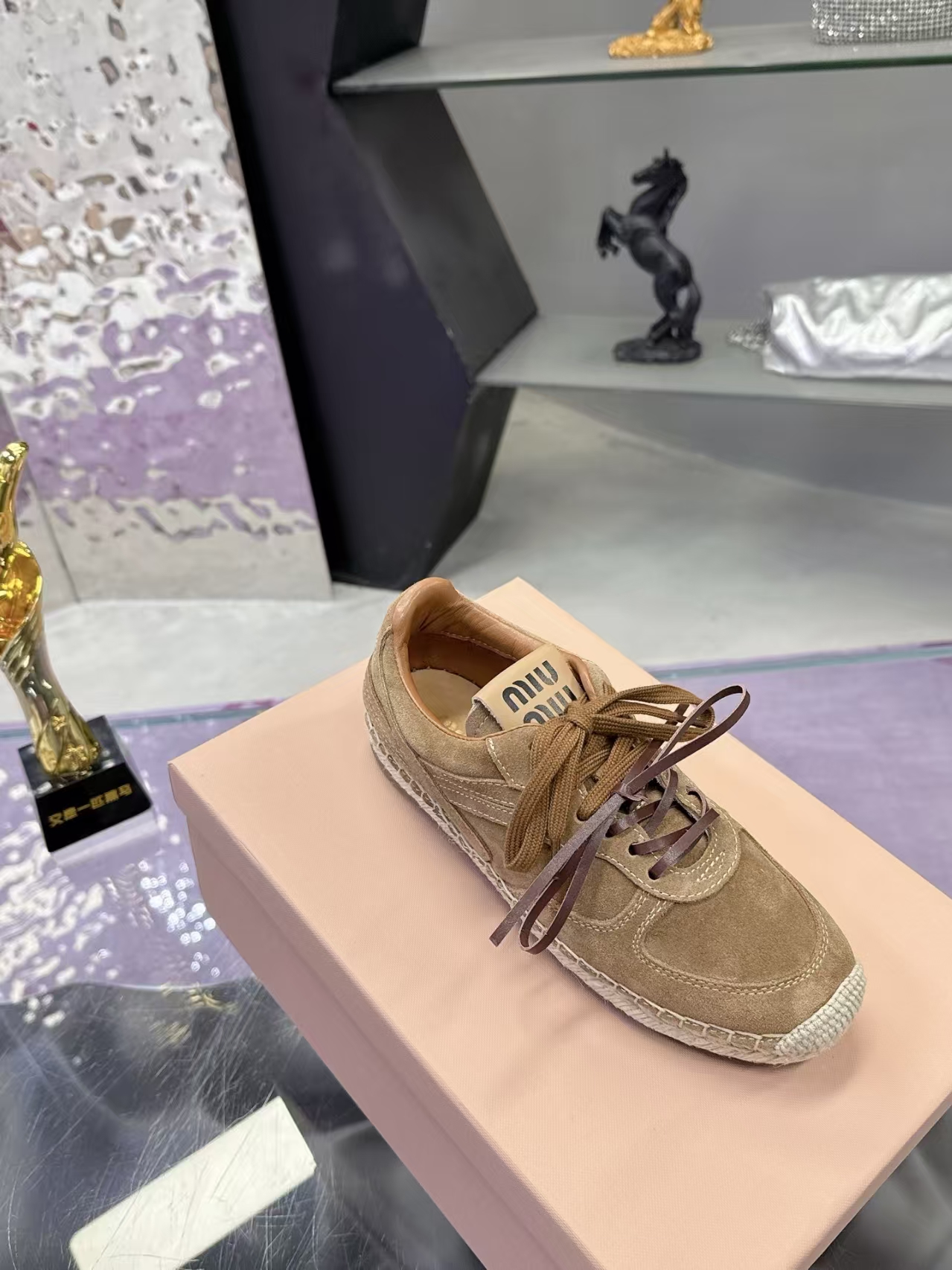 Miu Miu Round-Toe Suede Flats in Khaki | Lightweight & Comfortable