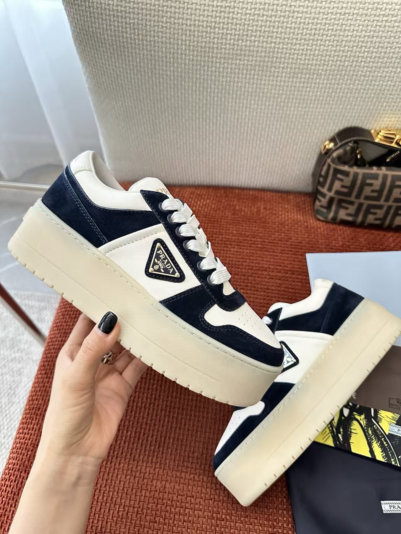 Prada Downtown Bold White/Blue Nappa Leather & Suede Sneakers - Chunky 50mm Sole