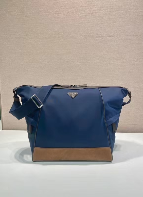 Prada Blue/Brown Re-Nylon & Leather Shoulder Bag | Oversize Color Block & Sporty Style
