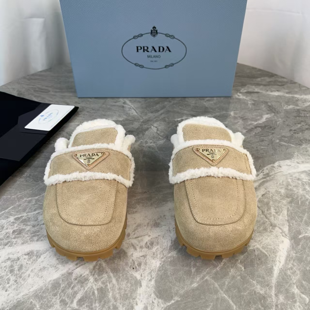 Prada Desert Yellow Suede & Shearling Mules - 20mm Lug Sole & Enamel Logo