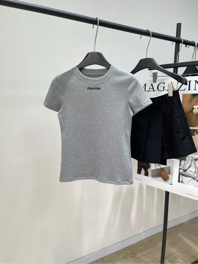 Miu Miu Seamless Color-Blocked Gray Short-Sleeve T-Shirt