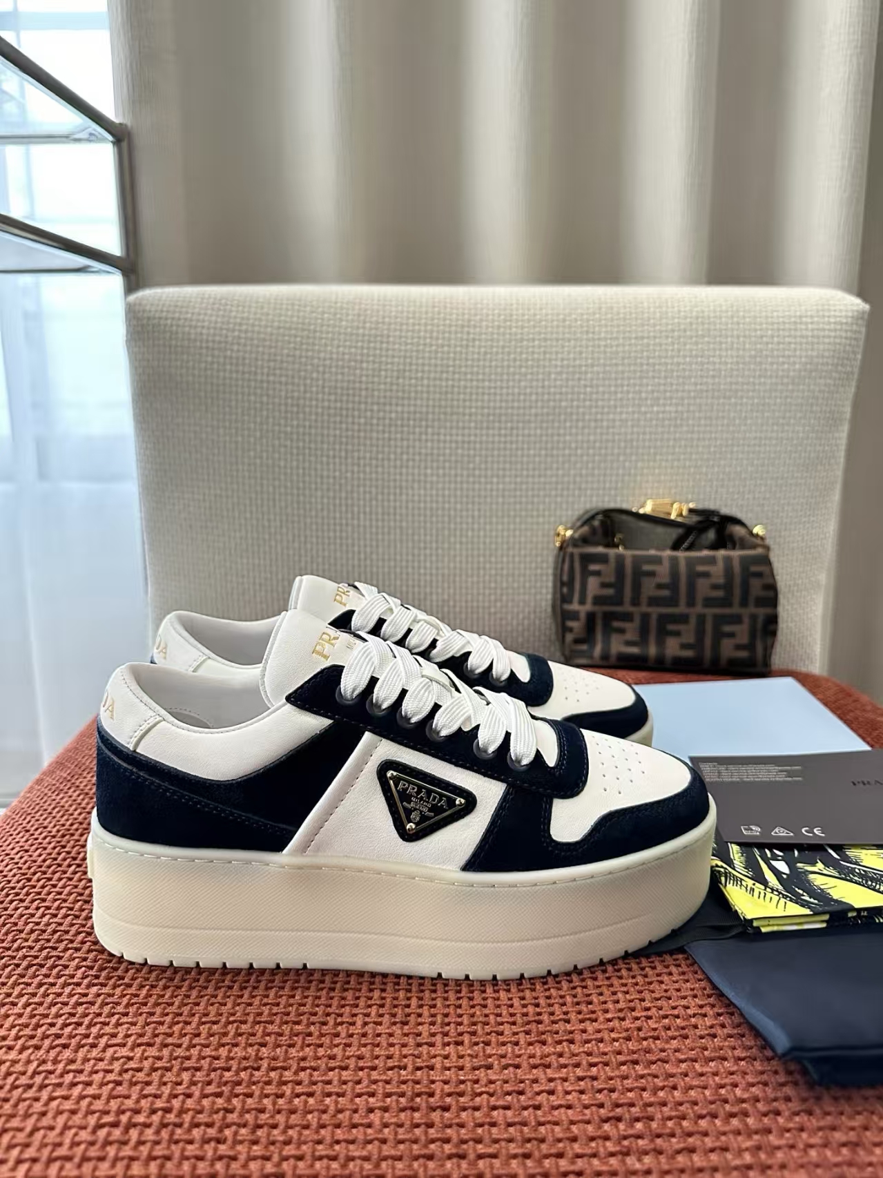 Prada Downtown Bold White/Blue Nappa Leather & Suede Sneakers - Chunky 50mm Sole