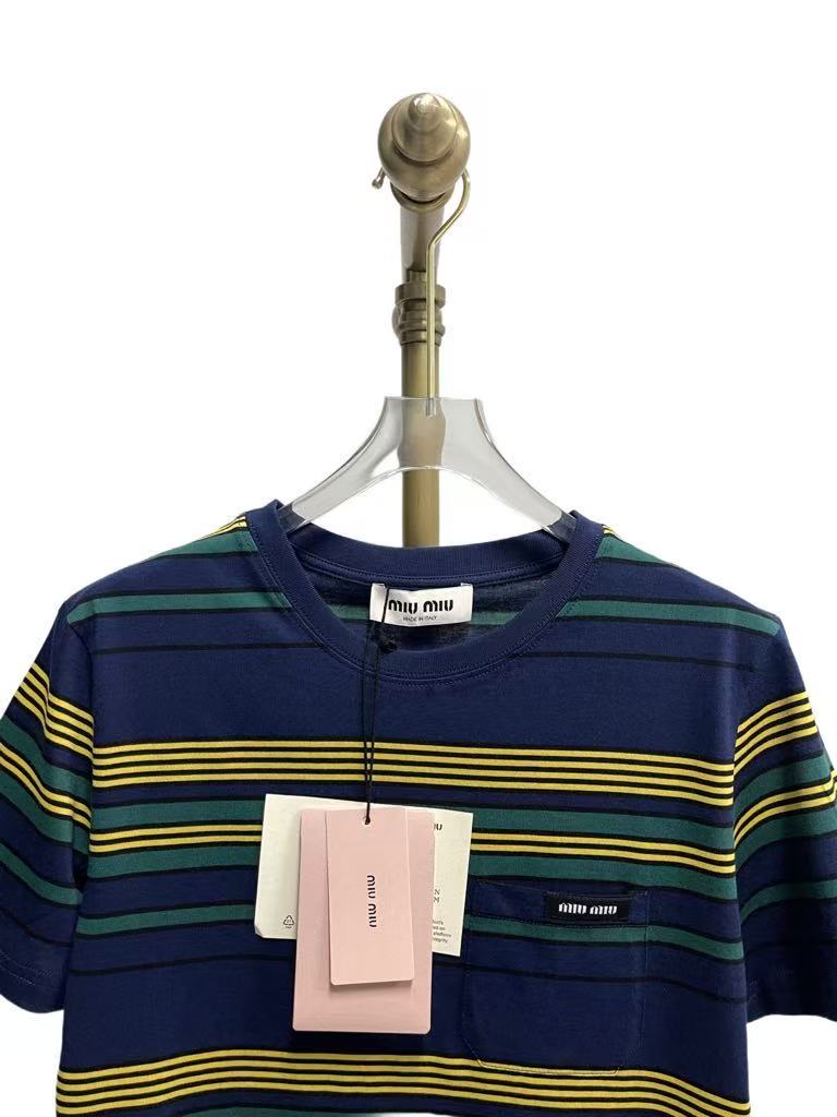 Miu Miu Striped Jersey Knit Short Sleeve T-Shirt for Women