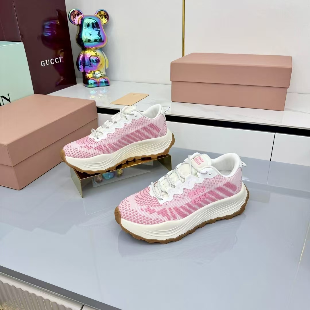 Miu Miu Technical Fabric Platform Sneakers in White & Pink