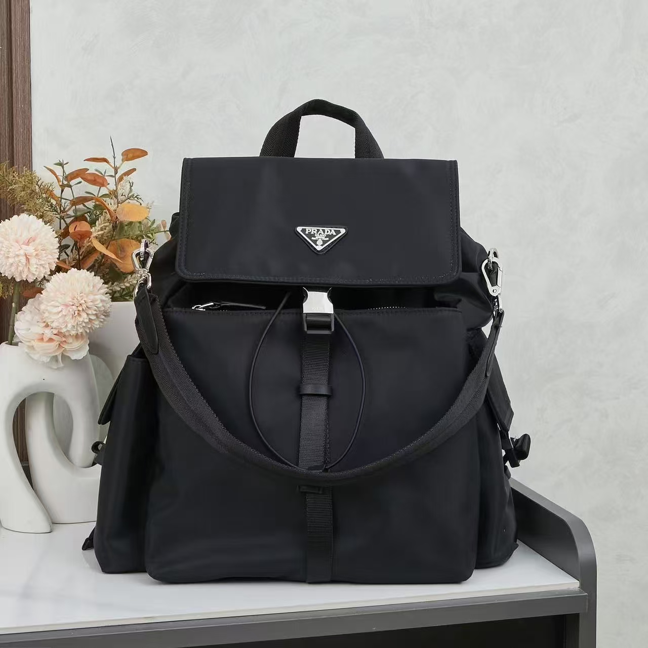 Prada Explore Black Re-Nylon & Leather Backpack - Multi-Pocket, Detachable Handle