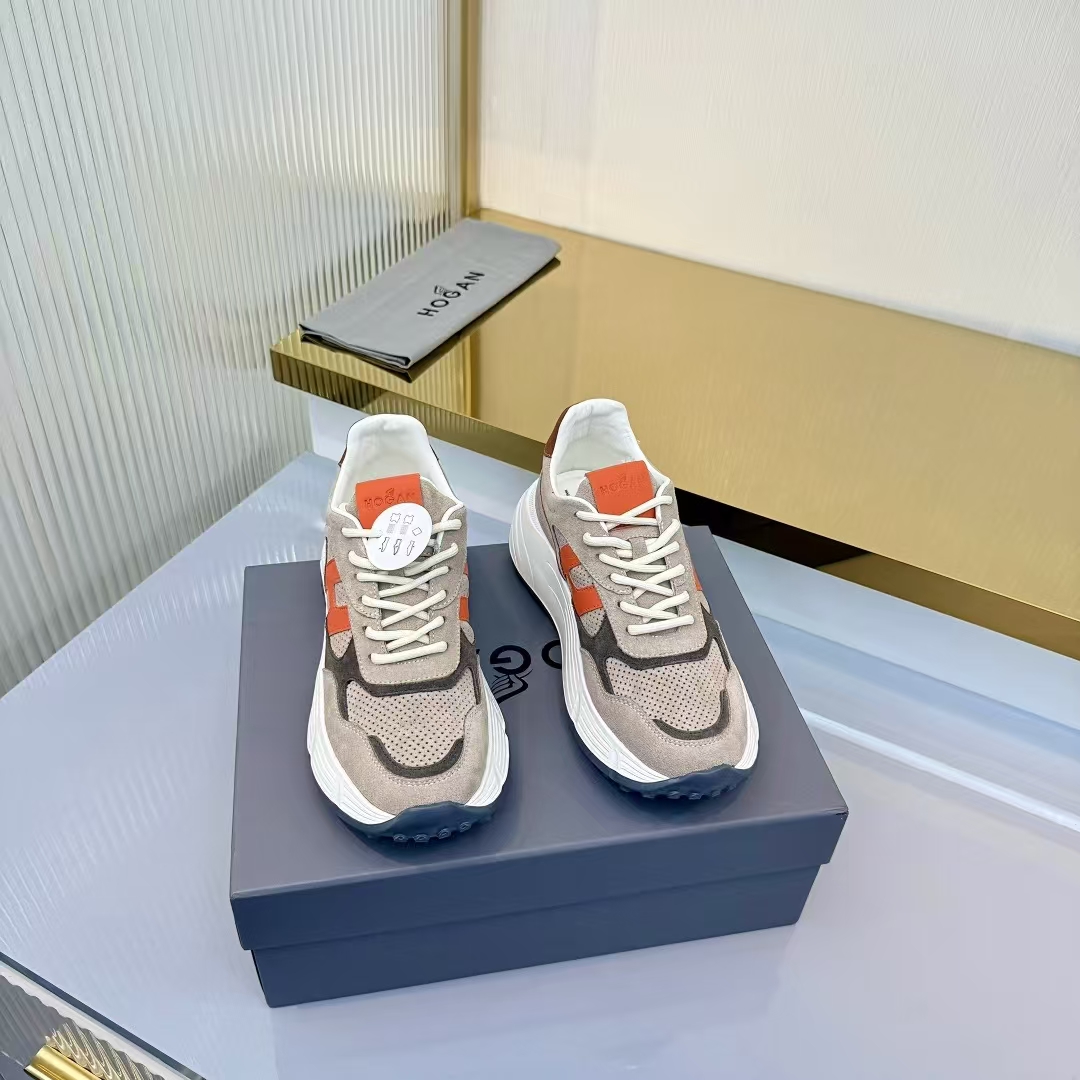Hogan Sneakers in White, Grey & Orange | Mixed Calfskin Leather