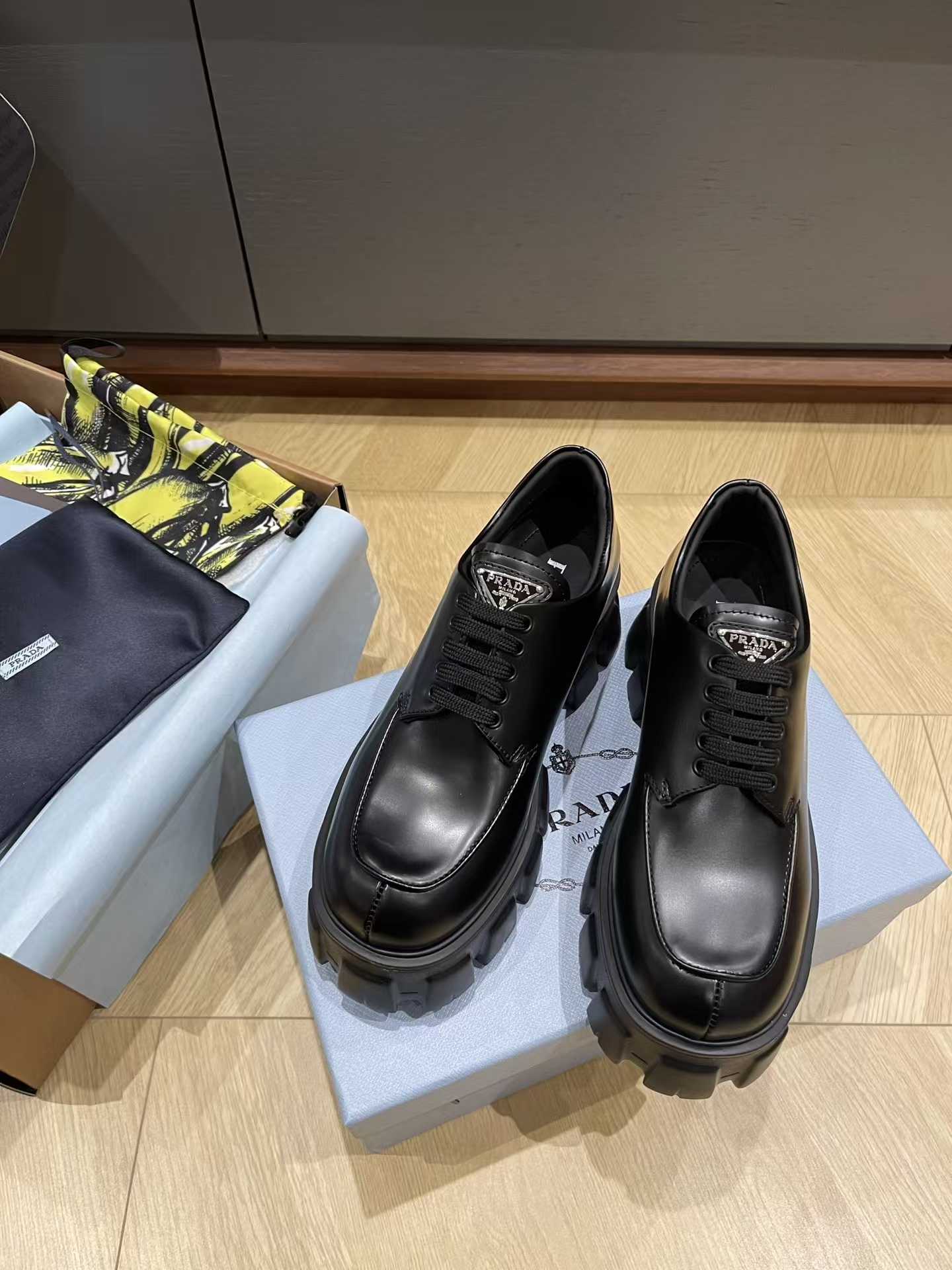 Prada Black Monolith Shiny Leather Lace-Up Shoes - 55mm Lug Sole & Enamel Eyelets