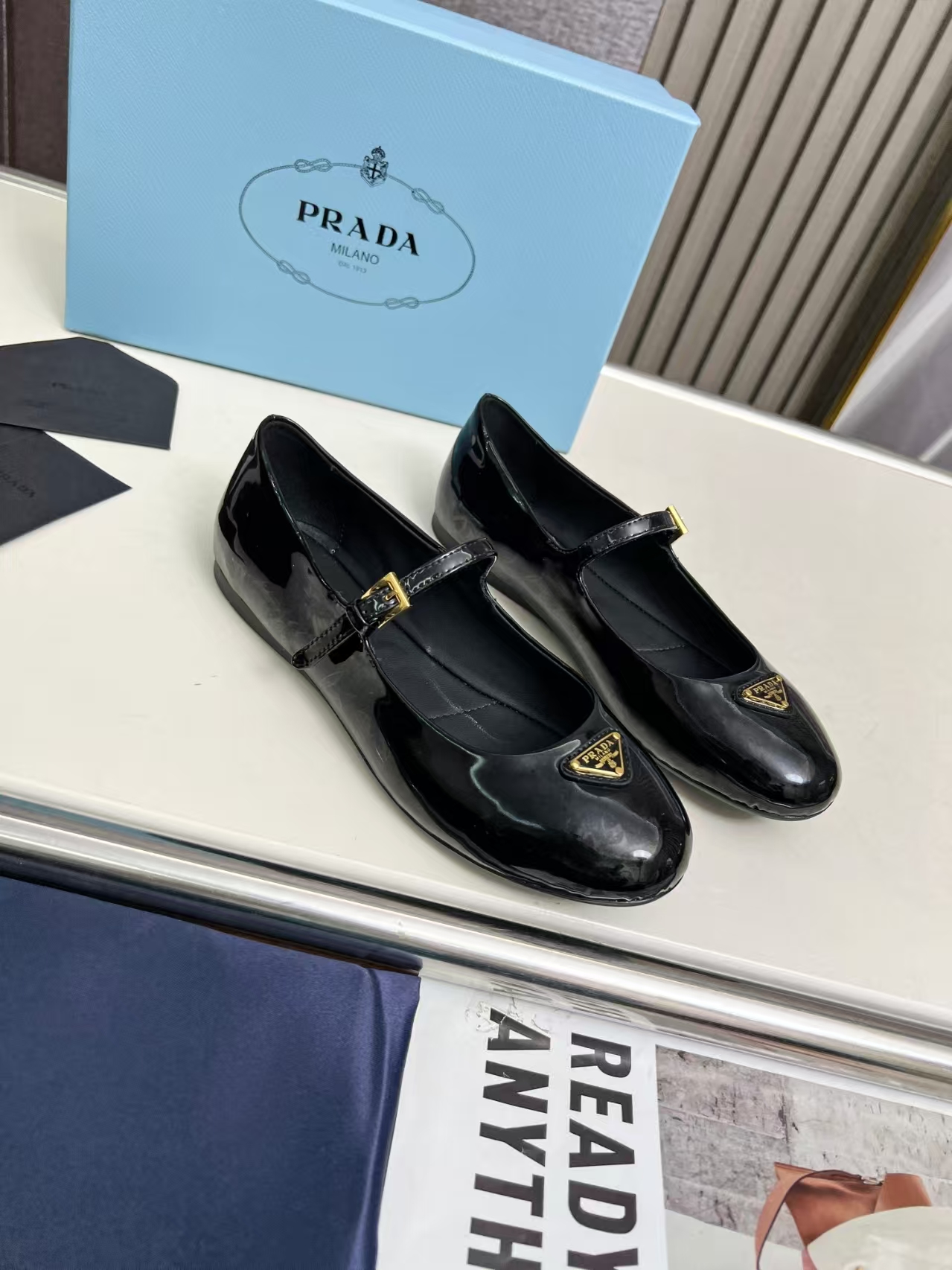 Prada Black Naplak Patent Leather Ballet Flats with Enamel Triangle Logo