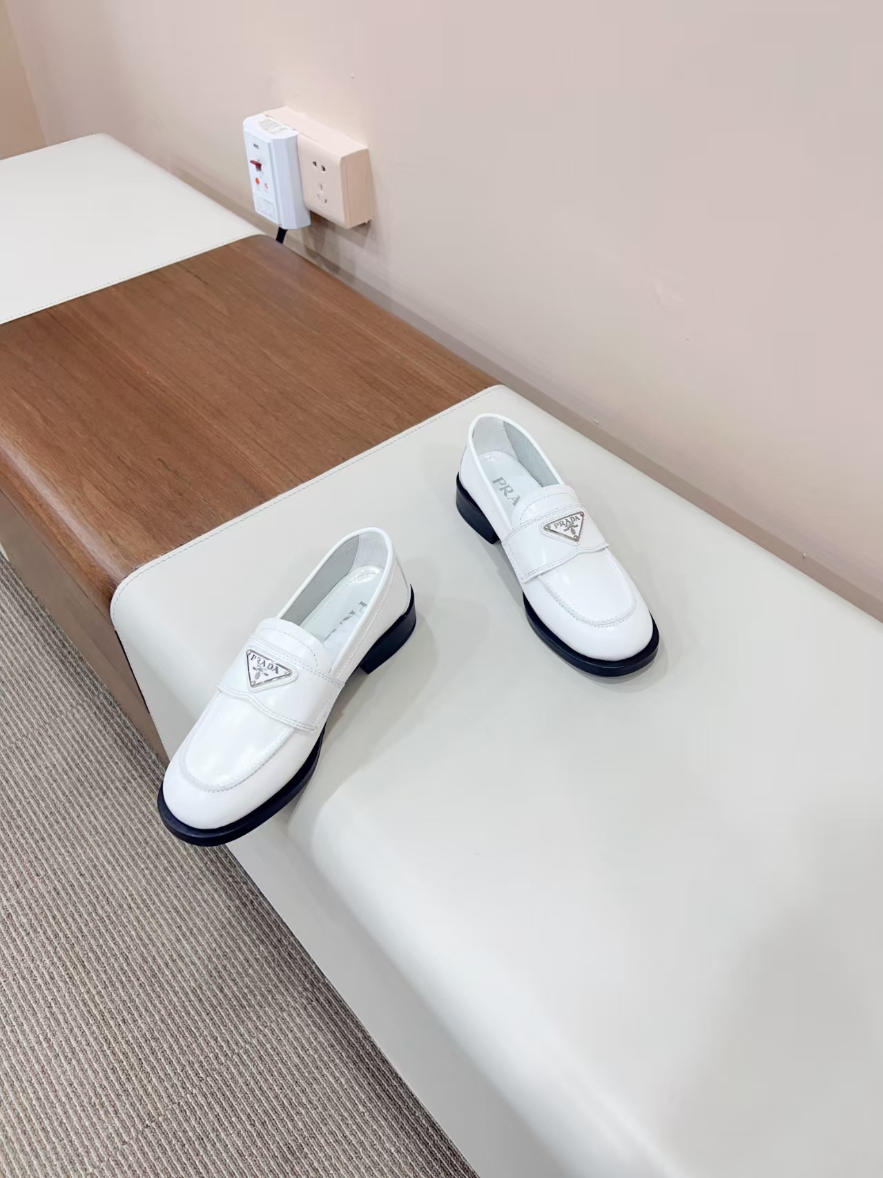 Prada Chocolate White Patent Leather Loafers with Rubber Lug Sole & Enamel Logo