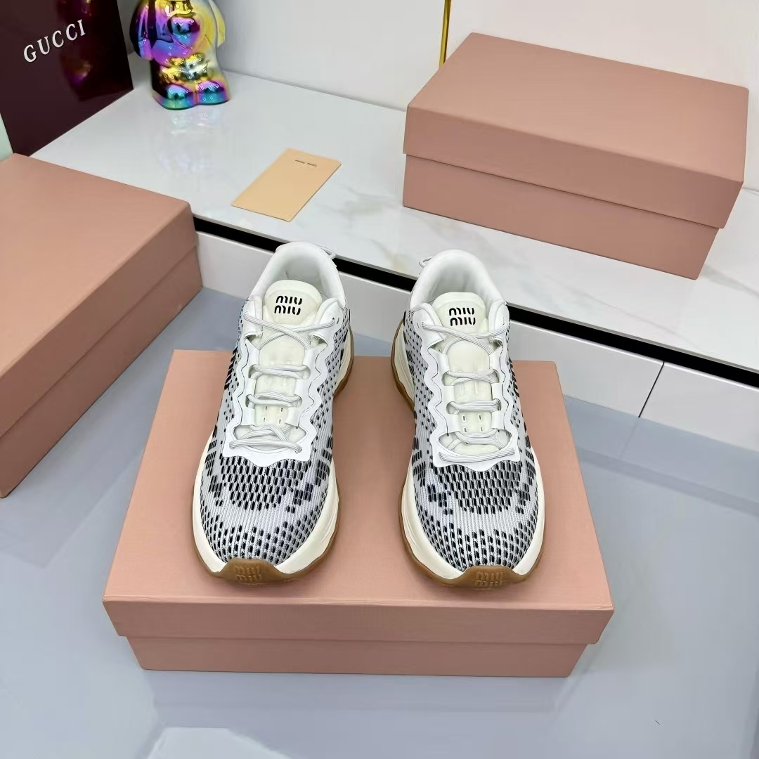 Miu Miu Technical Fabric Platform Sneakers in White, Black & Grey