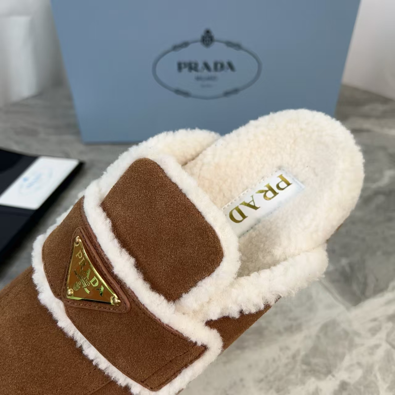 Prada Cocoa Brown Suede & Shearling Mules - 20mm Rubber Sole & Enamel Logo