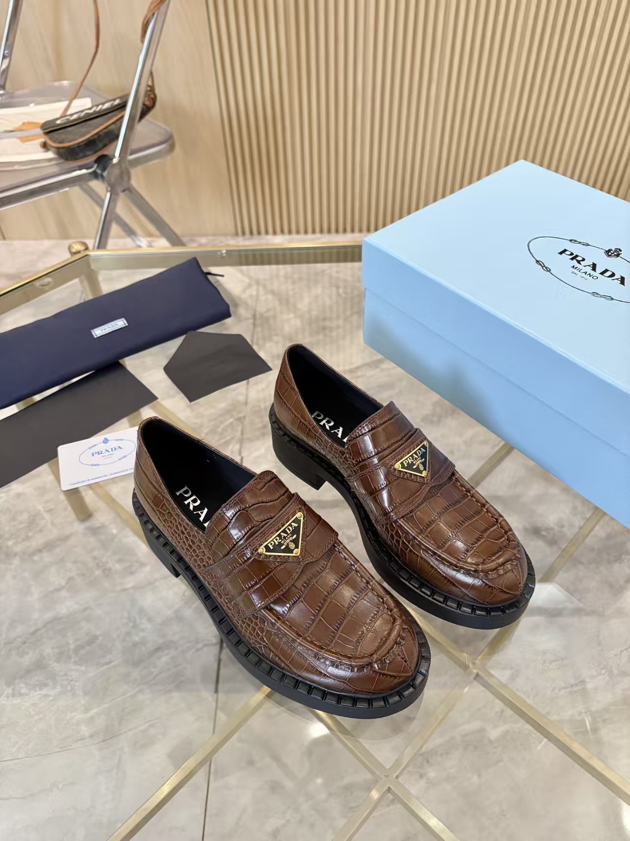 Prada Chocolate Tobacco Crocodile-Embossed Leather Loafers with Rubber Lug Sole