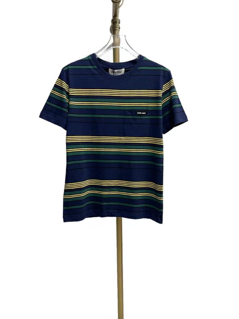Miu Miu Striped Jersey Knit Short Sleeve T-Shirt for Women