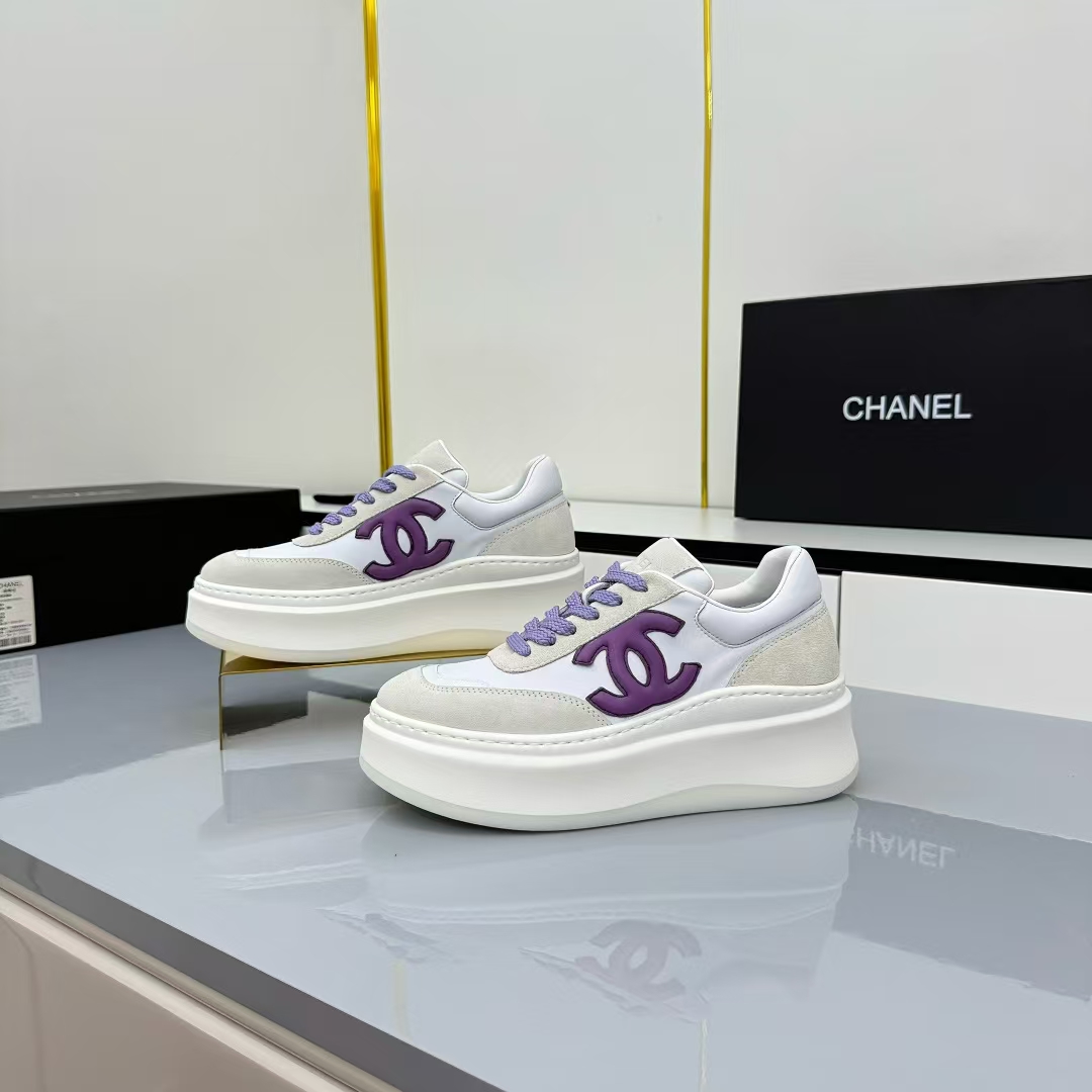 Chanel Platform Leather Sneakers in White & Navy