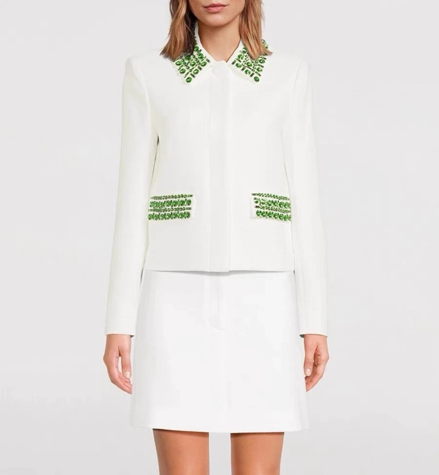 Women Veronica Beard Collared Rhinestone Long Sleeve Coat Top