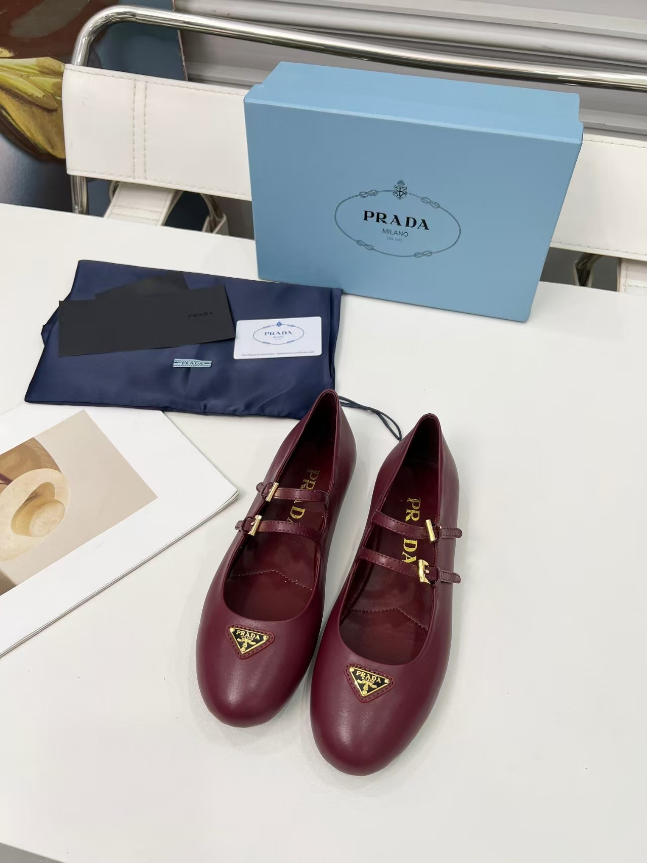 Prada Wine Red Satin Ballet Flats with Ribbon Buckle & Enamel Triangle Logo
