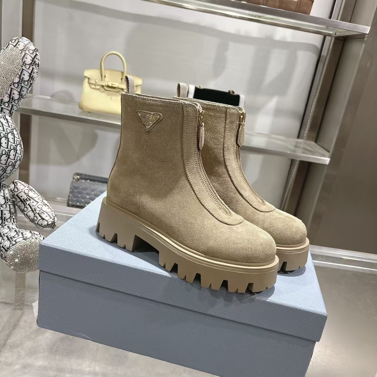 Prada Desert Yellow Suede Ankle Boots with Front Zipper & Lug Sole