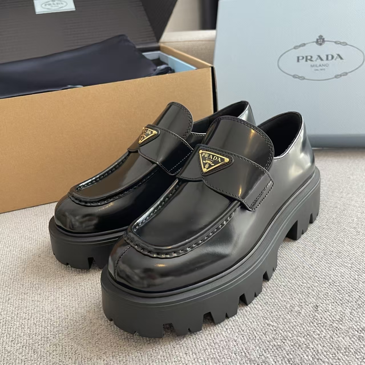 Prada Black Patent Leather Loafers - Chocolate Collection with Chunky Rubber Sole