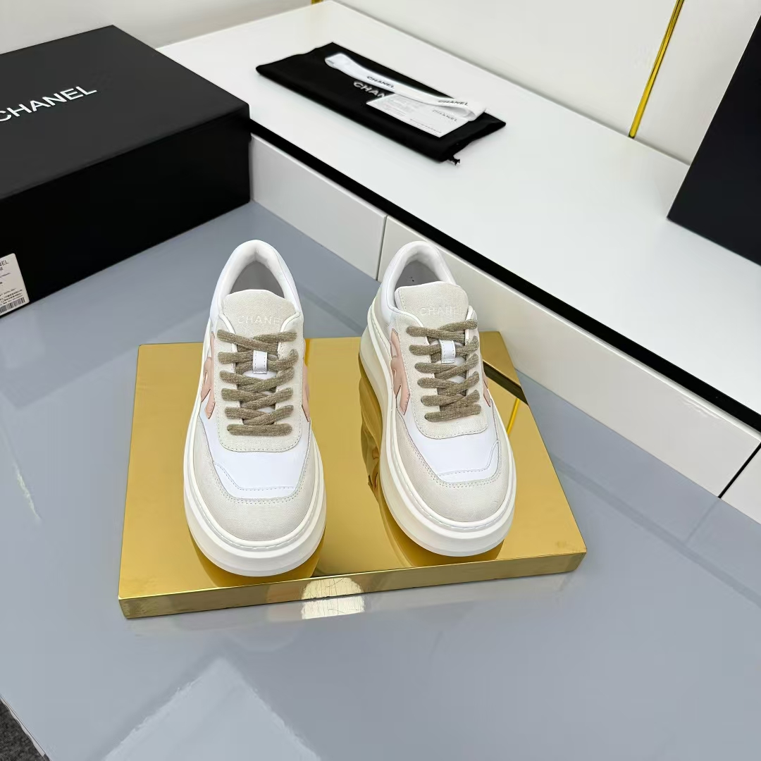 Chanel Platform Leather Sneakers in White & Khaki