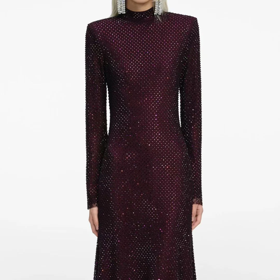 Women Self-Portrait Stand Collar Rhinestone Long Sleeve Midi Dress