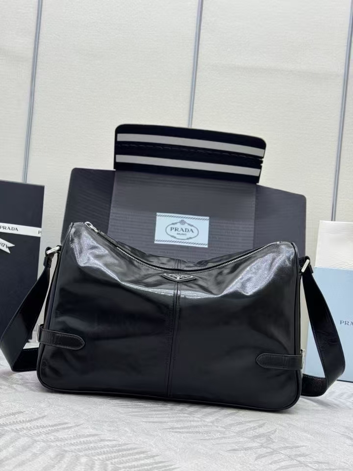 Prada Black Leather Shoulder Bag | Glossy Finish & Adjustable Strap