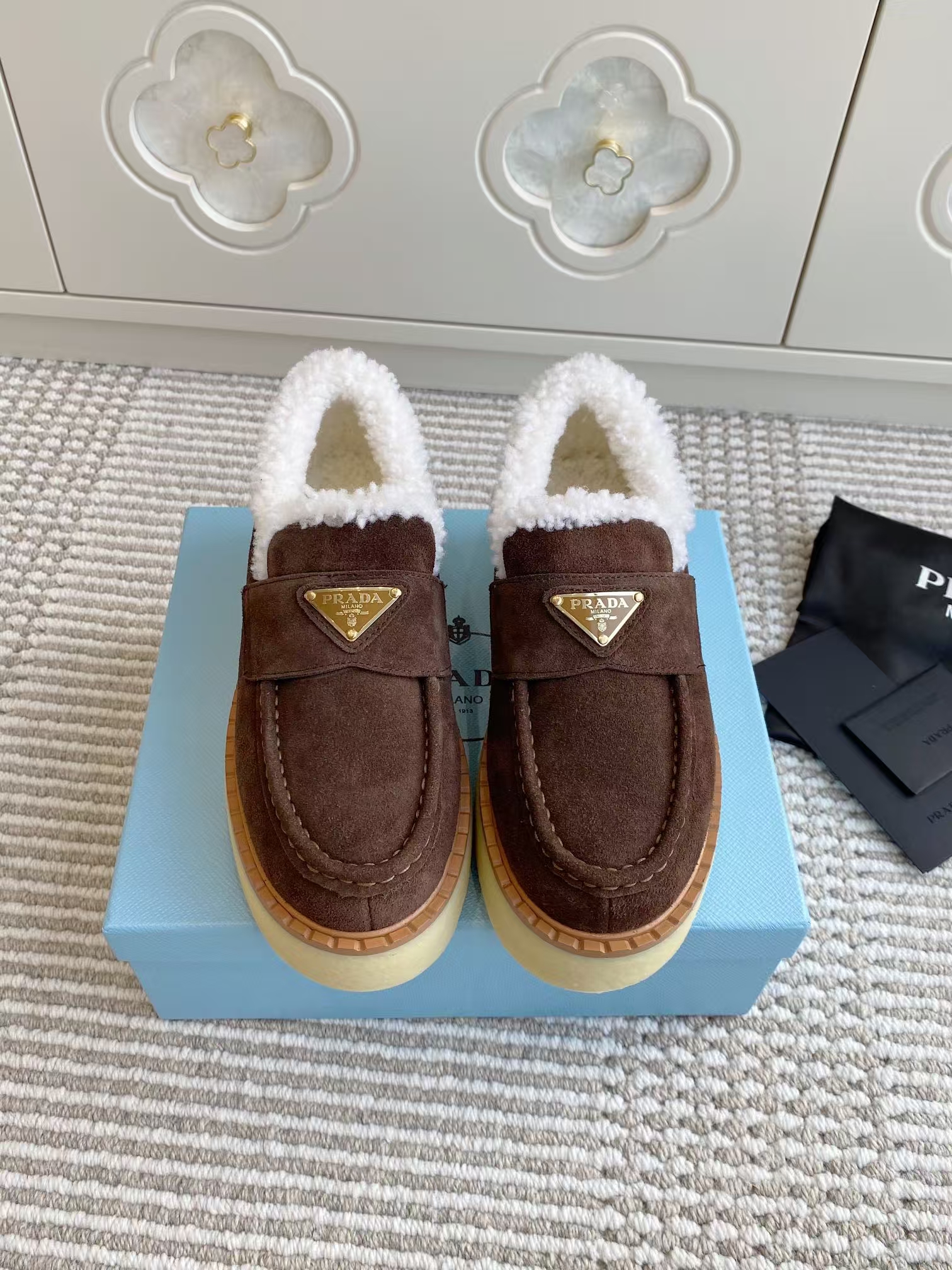 Prada Cocoa Brown Suede Loafers with Shearling Lining & Rubber Lug Sole