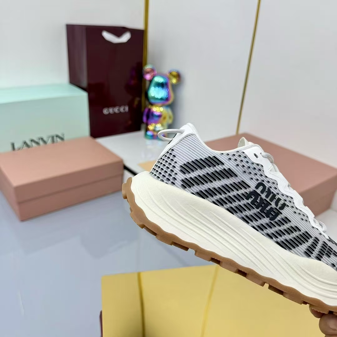 Miu Miu Technical Fabric Platform Sneakers in White, Black & Grey