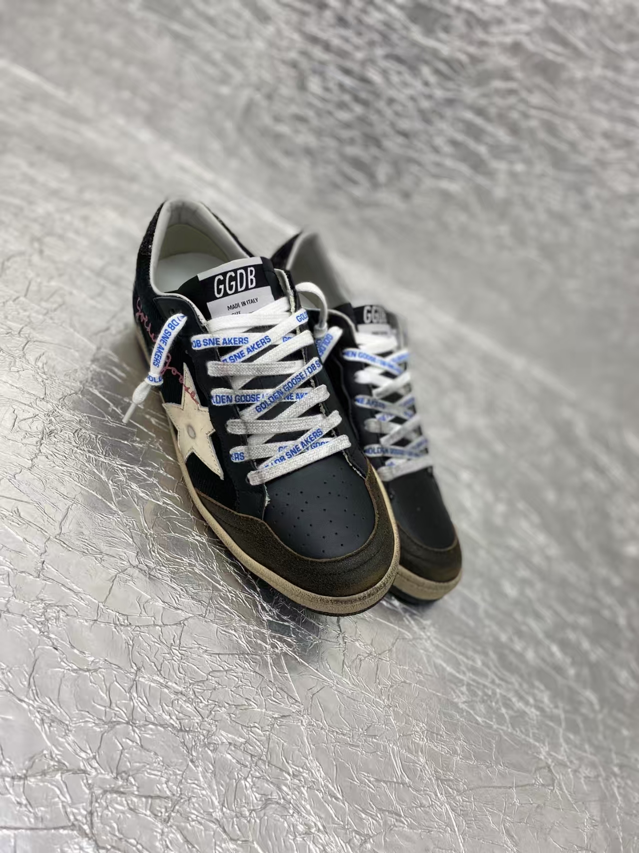 Golden Goose Brown, Black & White Distressed Sneakers