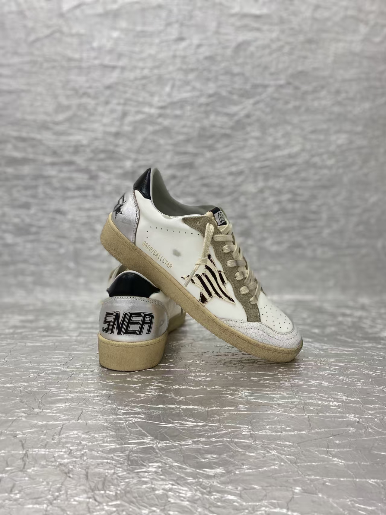 Golden Goose Brown, White & Silver Distressed Sneakers