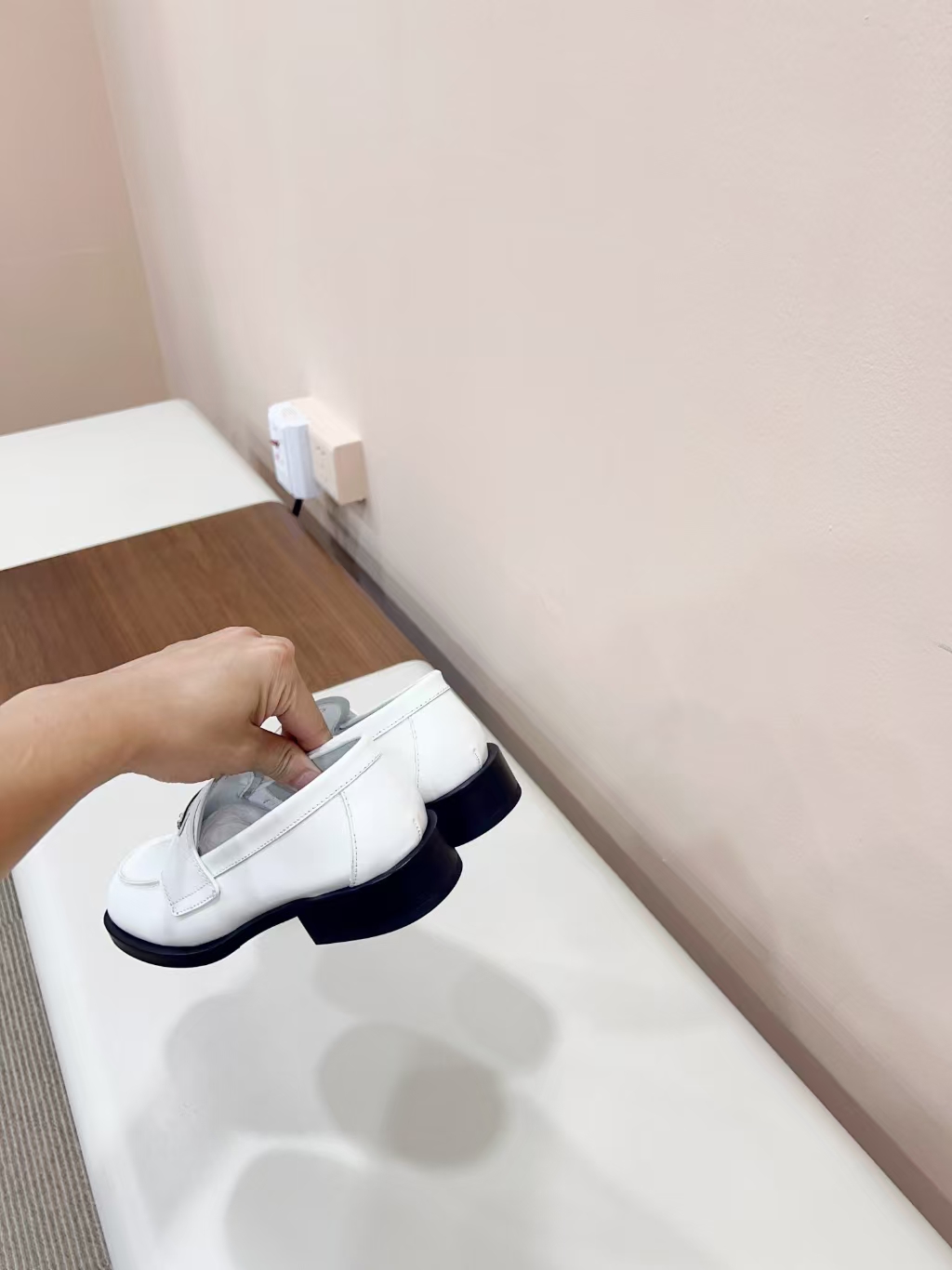 Prada Chocolate White Patent Leather Loafers with Rubber Lug Sole & Enamel Logo