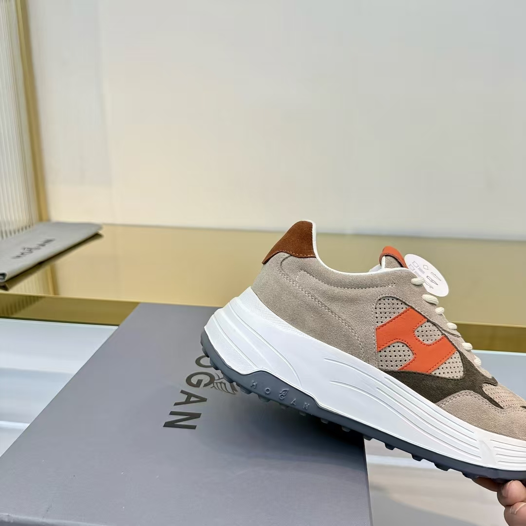 Hogan Sneakers in White, Grey & Orange | Mixed Calfskin Leather