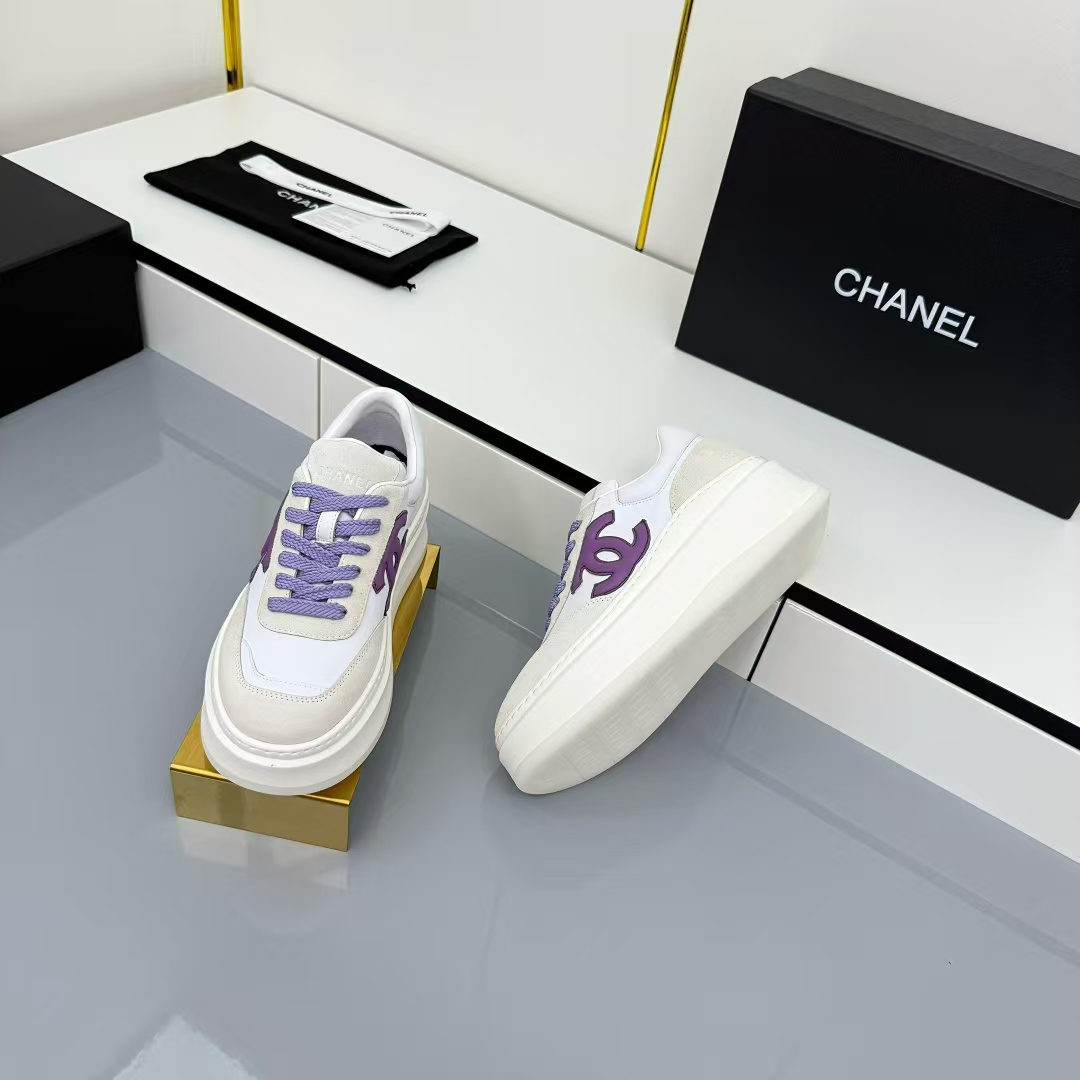 Chanel Platform Leather Sneakers in White & Navy