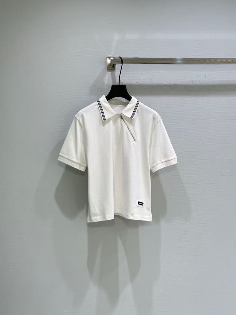 MIUMIUI Cotton Piqué Mesh Zipper Polo Shirt