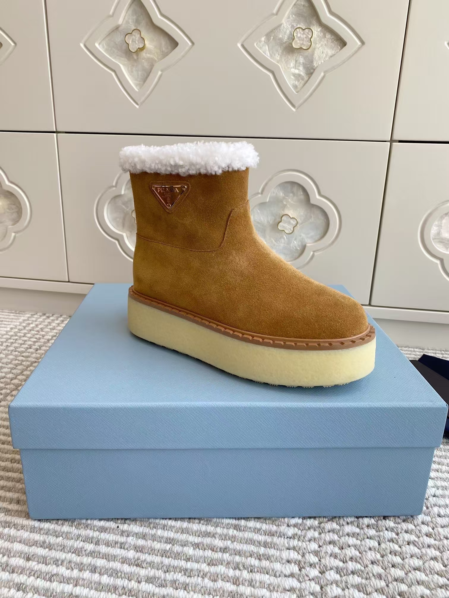 Prada Cinnamon Suede Ankle Boots - Shearling Lined & 5cm Chunky Lug Sole