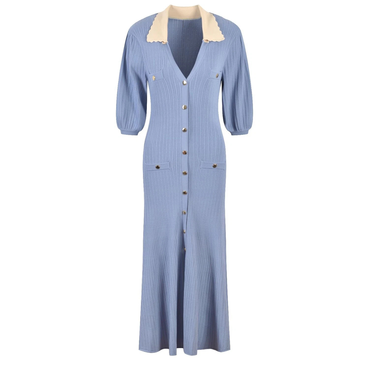 Sandro High Waist Midi Dress Ruffle Puff Sleeve Fit Mermaid Dress