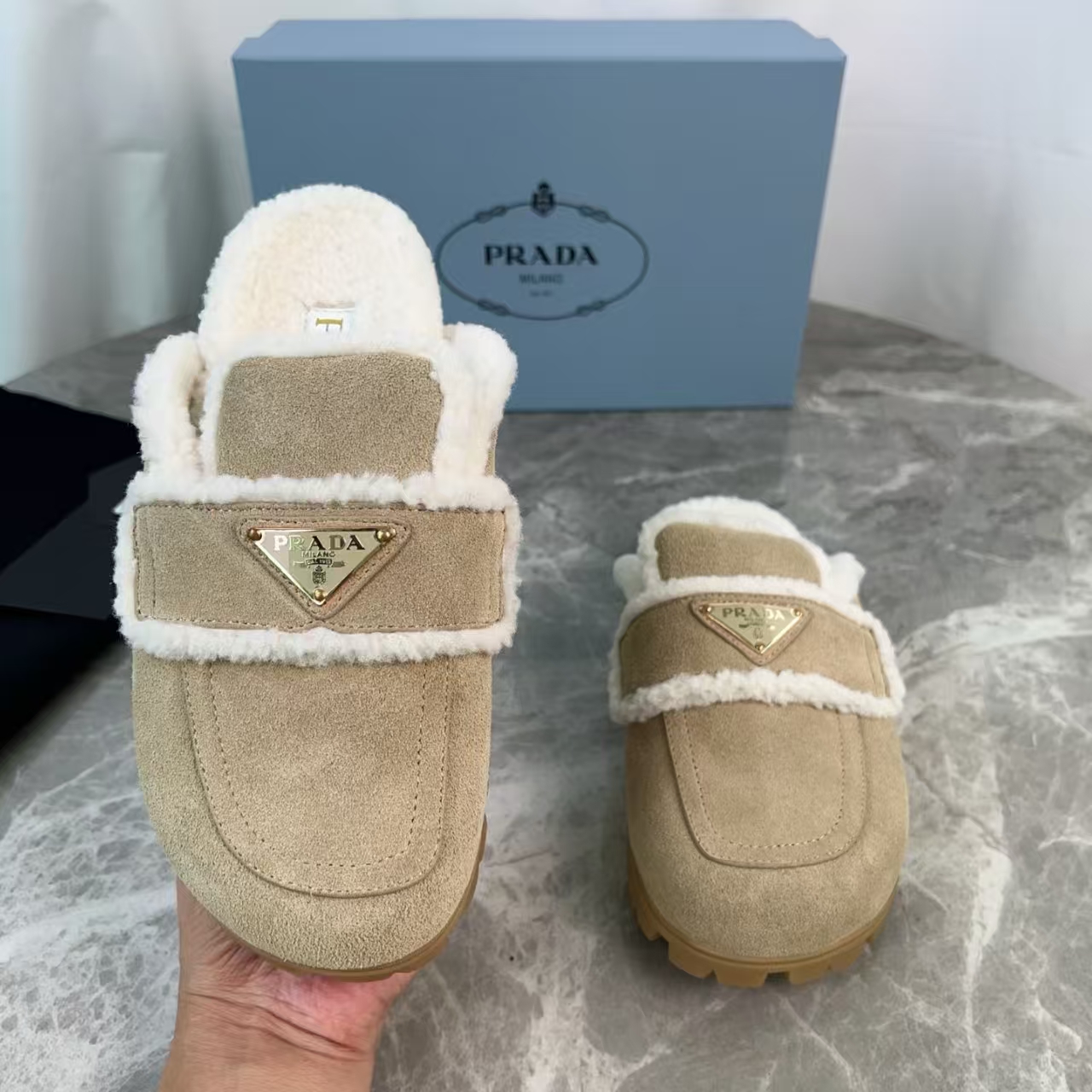 Prada Desert Yellow Suede & Shearling Mules - 20mm Lug Sole & Enamel Logo
